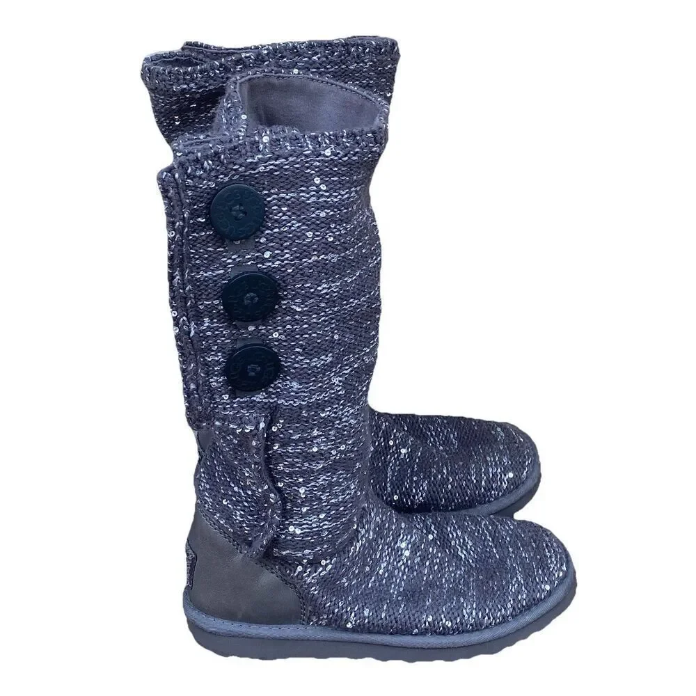 UGG Classic Cardy Knit Tall Gray Slouch Sequin Boots Size 7 Winter Fall